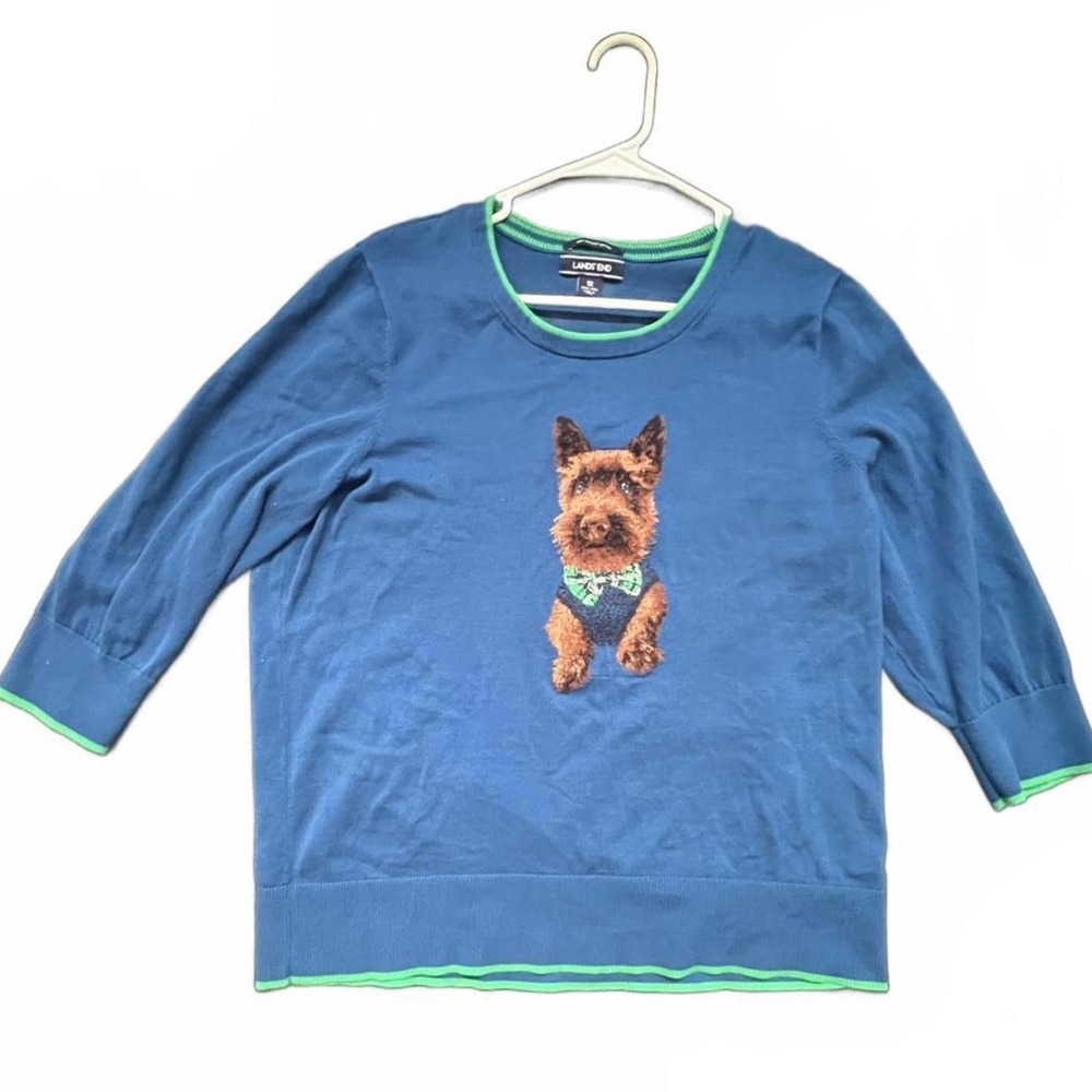 Lands' End Sweater Blue Dog Graphic Supima Cotton 3/4 Sleeve 1X